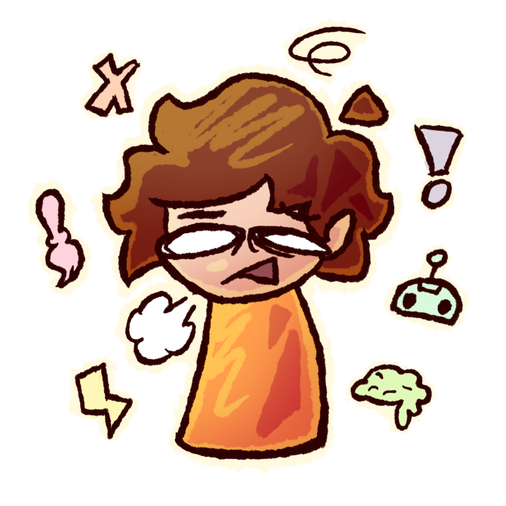 An exhausted looking character surrounded by several Art and AI related icons