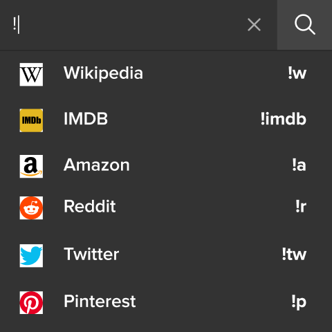 A DuckDuckGo searchbox with several examples of bangs